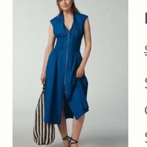 Anthropologie Blue A-Line Midi Dress with Cap Sleeves
